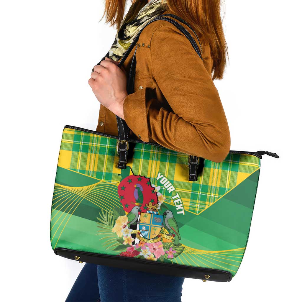 Personalized Dominica Independence Day Leather Tote Bag Map With Coat Of Arms Madras Pattern - Wonder Print Shop