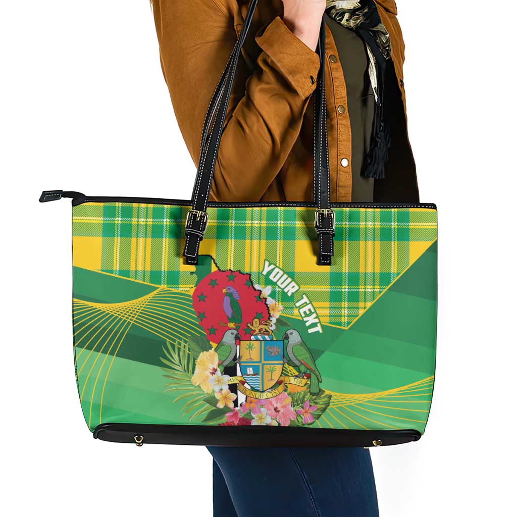 Personalized Dominica Independence Day Leather Tote Bag Map With Coat Of Arms Madras Pattern - Wonder Print Shop