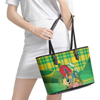 Personalized Dominica Independence Day Leather Tote Bag Map With Coat Of Arms Madras Pattern - Wonder Print Shop
