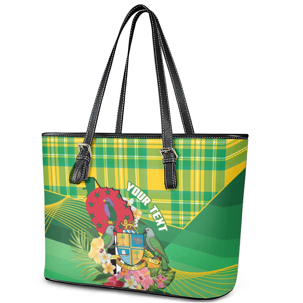 Personalized Dominica Independence Day Leather Tote Bag Map With Coat Of Arms Madras Pattern - Wonder Print Shop