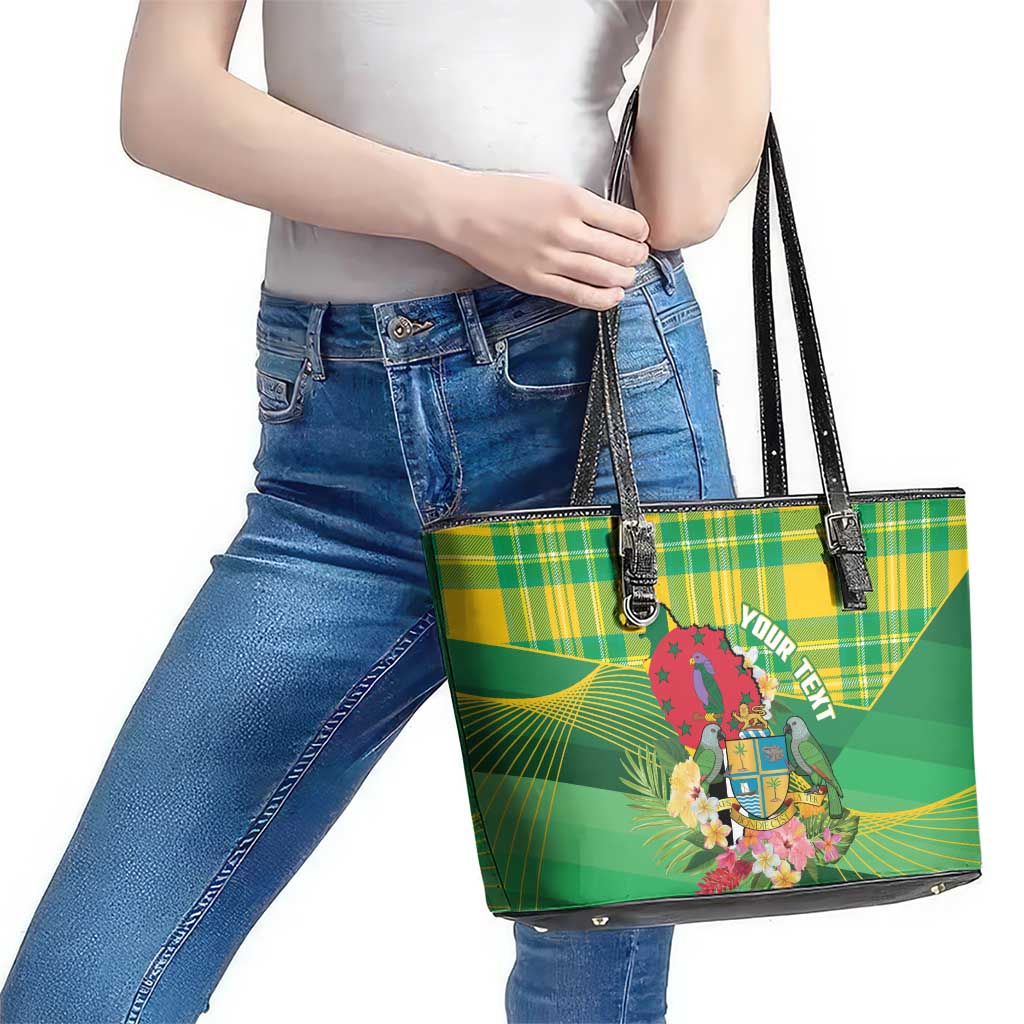 Personalized Dominica Independence Day Leather Tote Bag Map With Coat Of Arms Madras Pattern - Wonder Print Shop