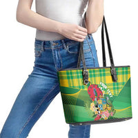 Personalized Dominica Independence Day Leather Tote Bag Map With Coat Of Arms Madras Pattern - Wonder Print Shop