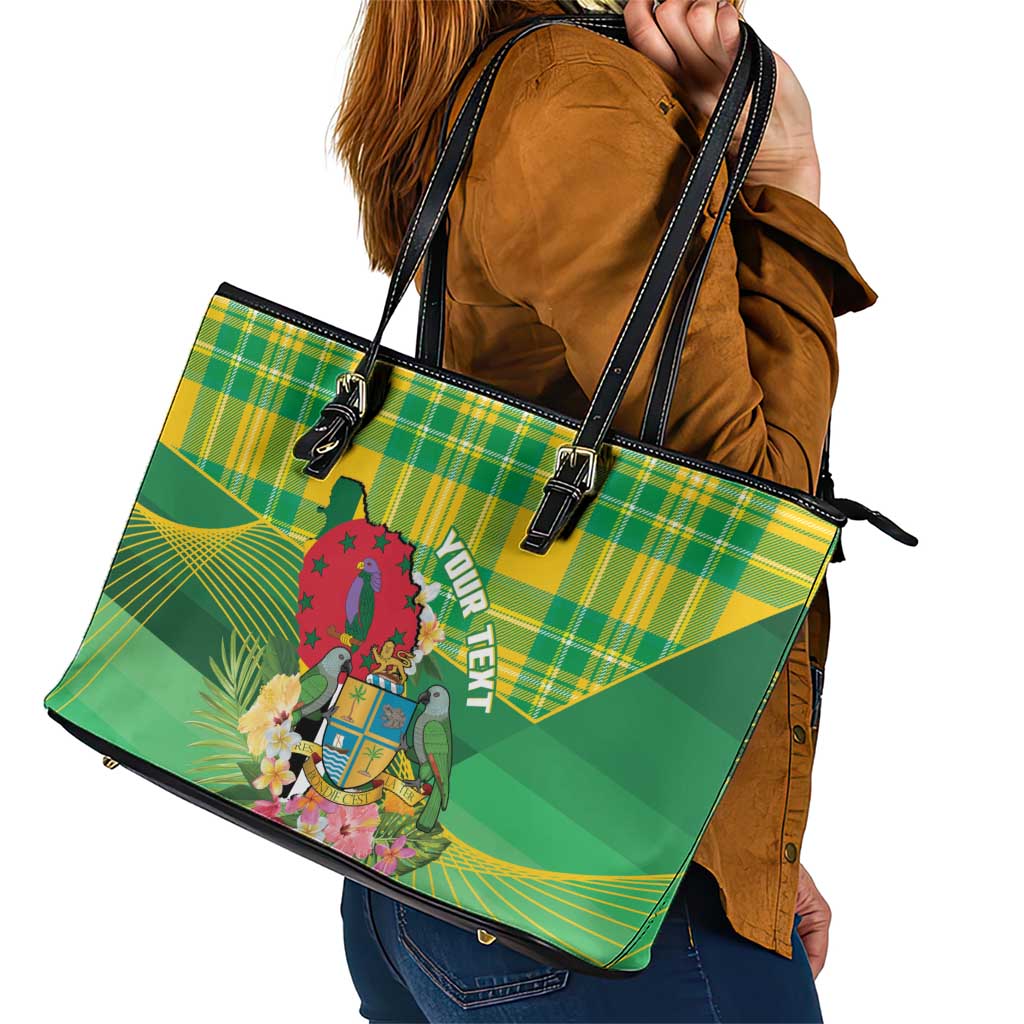 Personalized Dominica Independence Day Leather Tote Bag Map With Coat Of Arms Madras Pattern - Wonder Print Shop