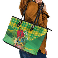 Personalized Dominica Independence Day Leather Tote Bag Map With Coat Of Arms Madras Pattern - Wonder Print Shop