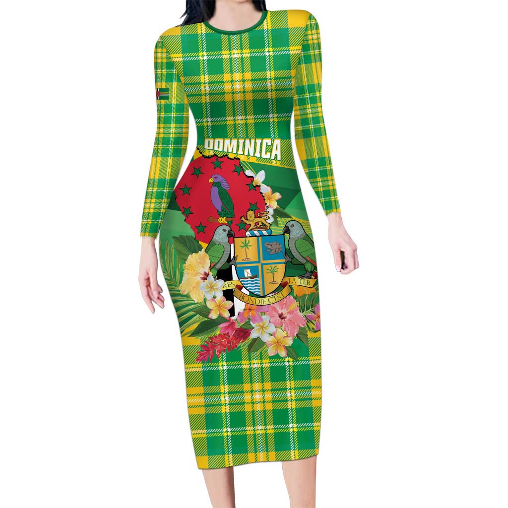 Personalized Dominica Independence Day Long Sleeve Bodycon Dress Map With Coat Of Arms Madras Pattern - Wonder Print Shop