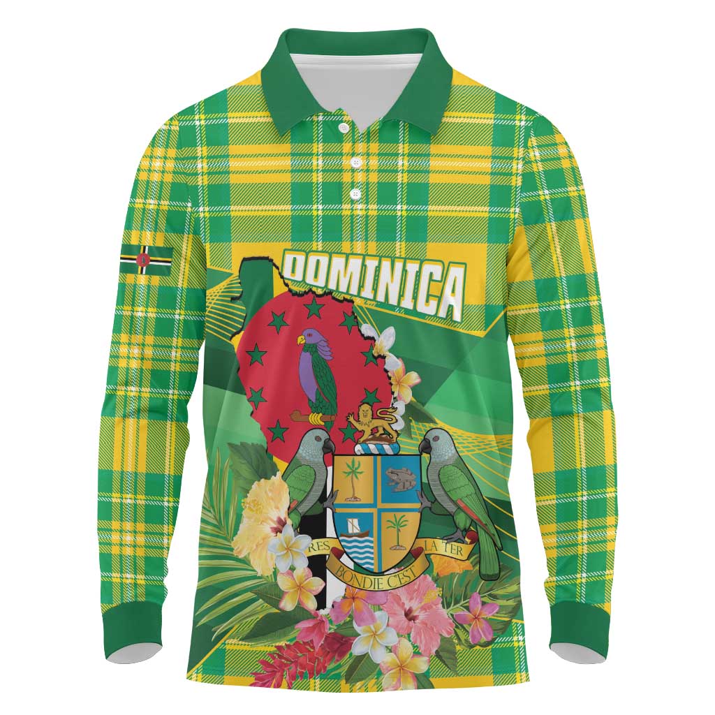 Personalized Dominica Independence Day Long Sleeve Polo Shirt Map With Coat Of Arms Madras Pattern - Wonder Print Shop
