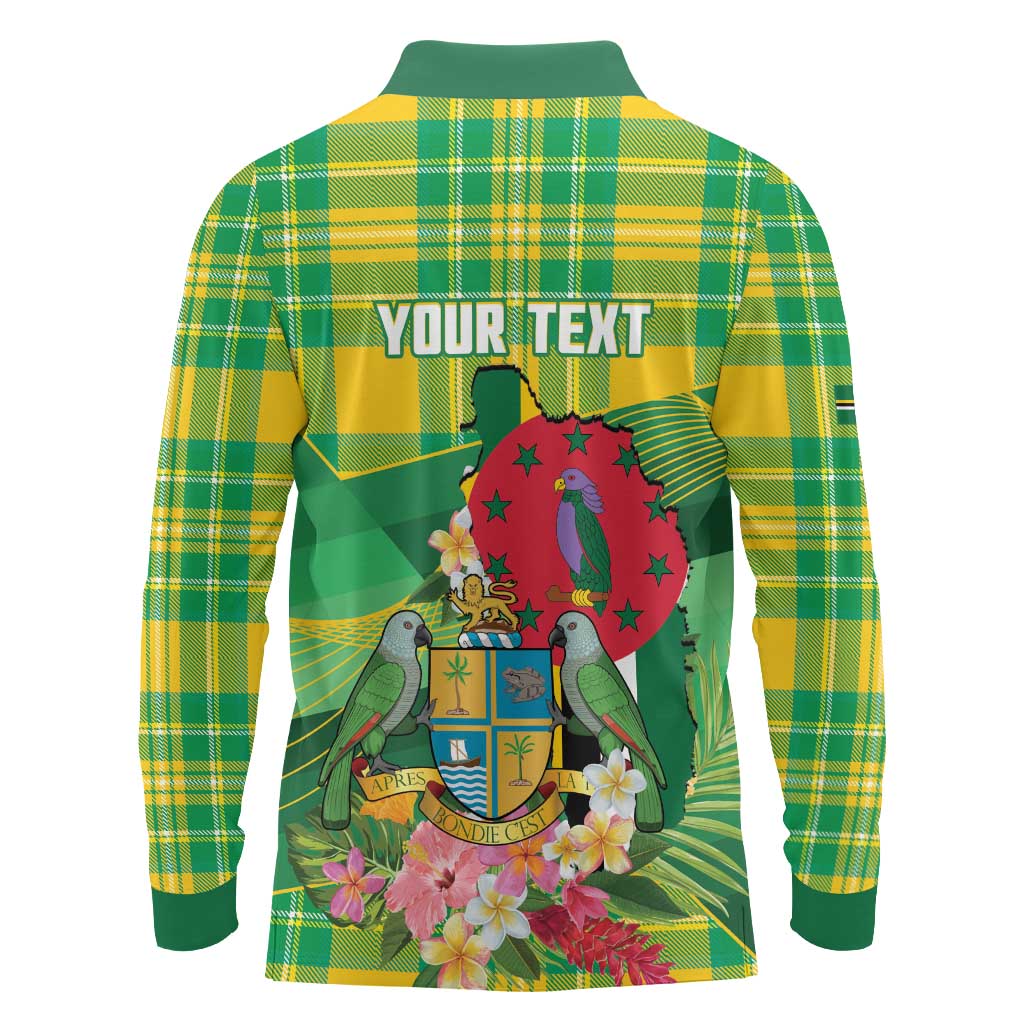 Personalized Dominica Independence Day Long Sleeve Polo Shirt Map With Coat Of Arms Madras Pattern - Wonder Print Shop