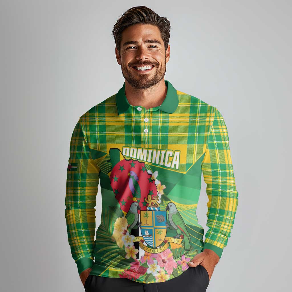 Personalized Dominica Independence Day Long Sleeve Polo Shirt Map With Coat Of Arms Madras Pattern - Wonder Print Shop