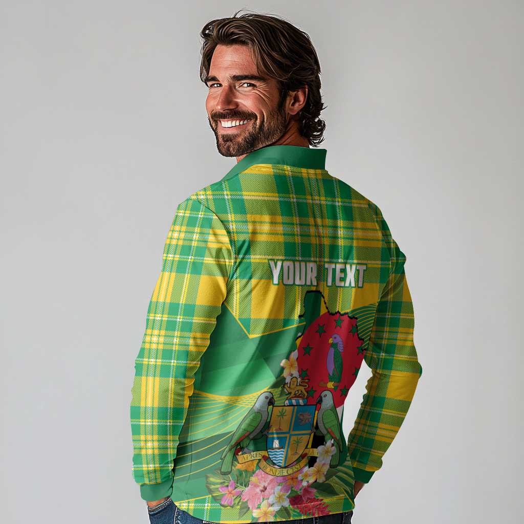 Personalized Dominica Independence Day Long Sleeve Polo Shirt Map With Coat Of Arms Madras Pattern - Wonder Print Shop