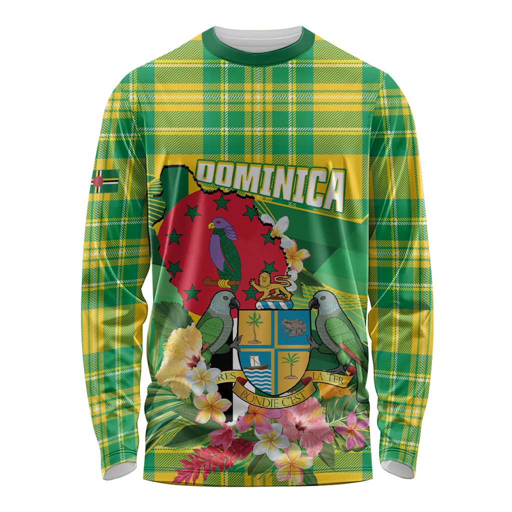 Personalized Dominica Independence Day Long Sleeve Shirt Map With Coat Of Arms Madras Pattern - Wonder Print Shop