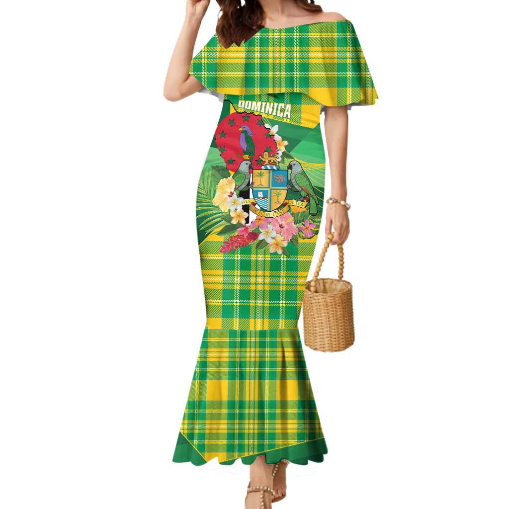 Personalized Dominica Independence Day Mermaid Dress Map With Coat Of Arms Madras Pattern - Wonder Print Shop
