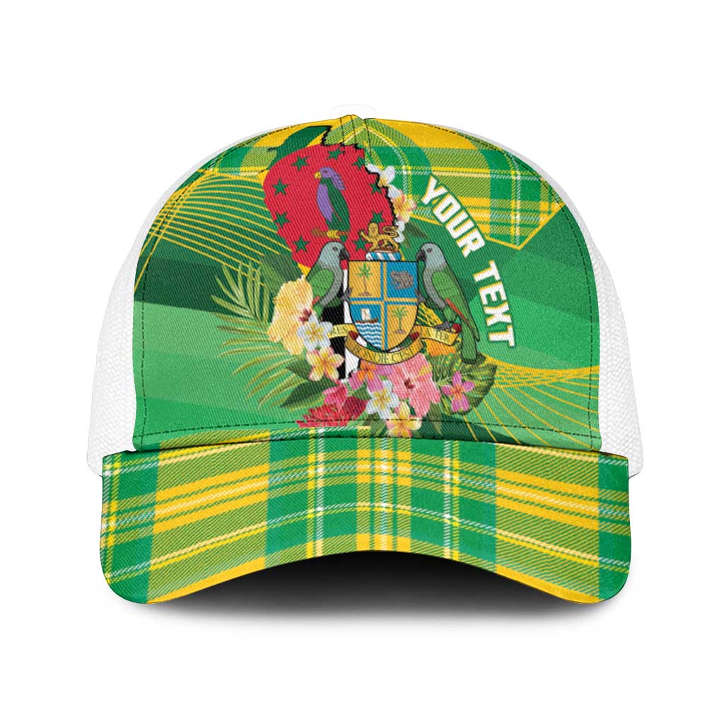Personalized Dominica Independence Day Mesh Trucker Cap Map With Coat Of Arms Madras Pattern - Wonder Print Shop