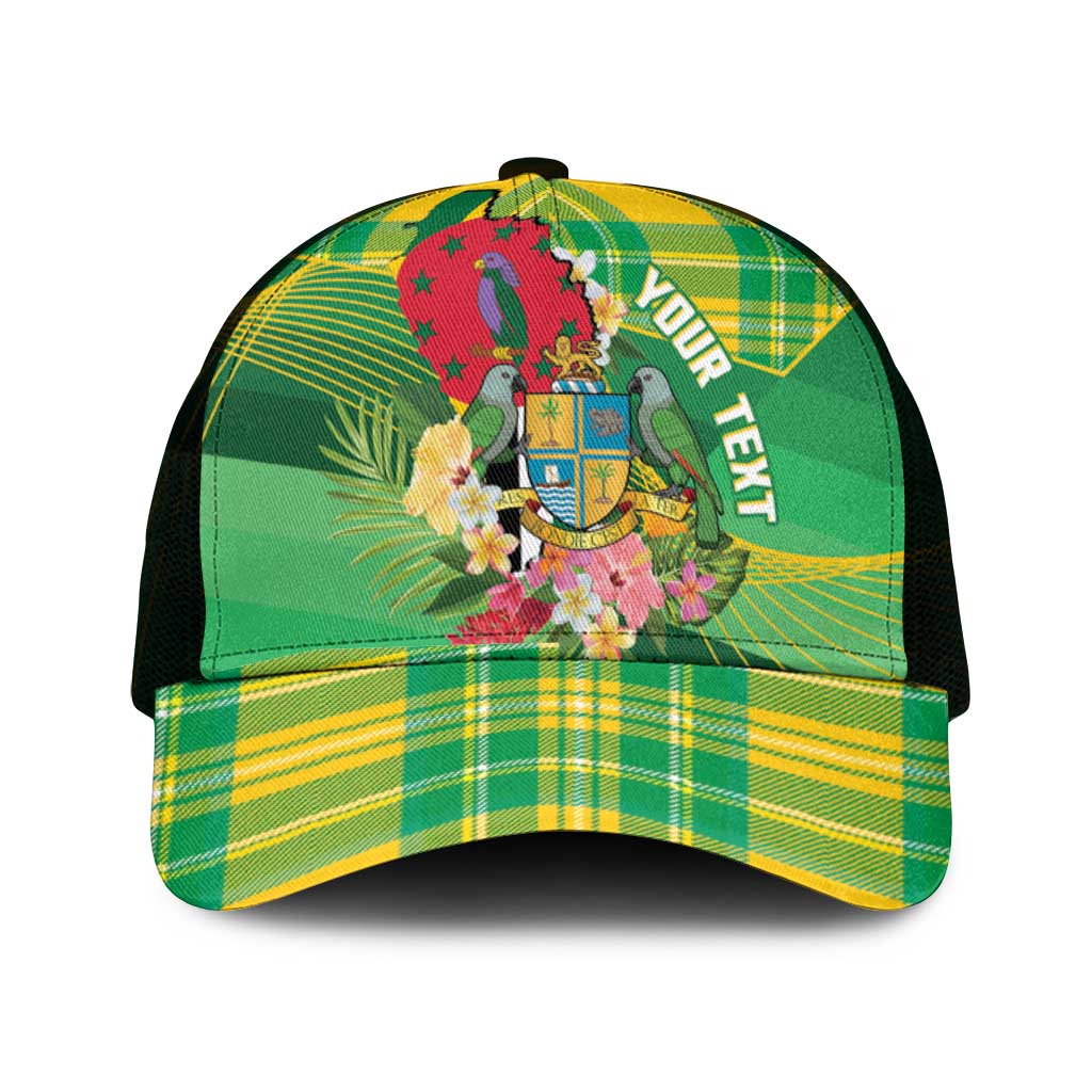 Personalized Dominica Independence Day Mesh Trucker Cap Map With Coat Of Arms Madras Pattern - Wonder Print Shop