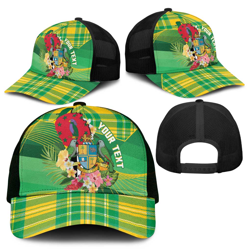 Personalized Dominica Independence Day Mesh Trucker Cap Map With Coat Of Arms Madras Pattern - Wonder Print Shop