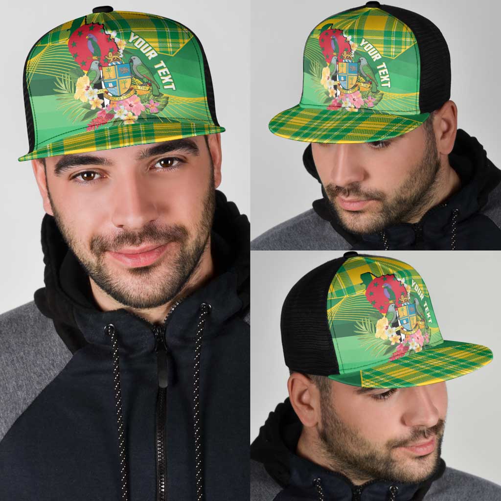 Personalized Dominica Independence Day Mesh Trucker Cap Map With Coat Of Arms Madras Pattern - Wonder Print Shop