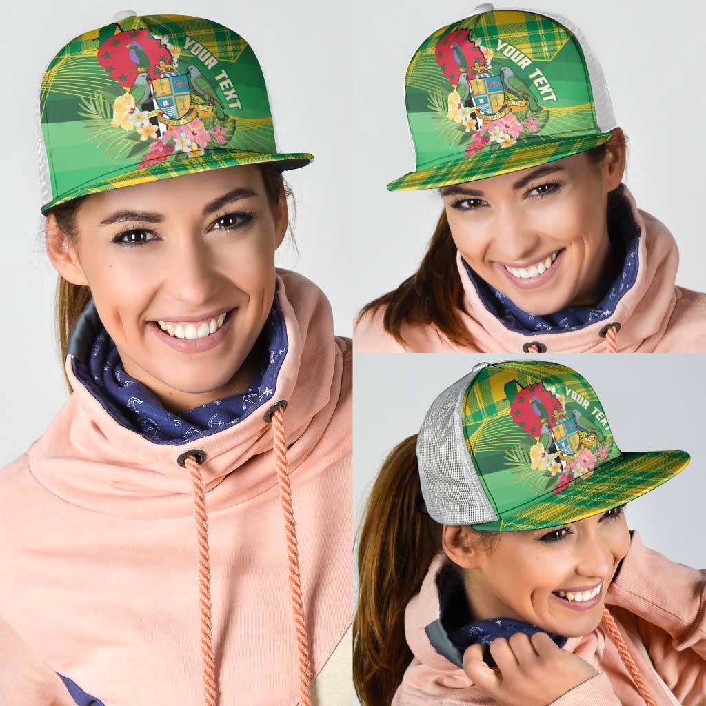 Personalized Dominica Independence Day Mesh Trucker Cap Map With Coat Of Arms Madras Pattern - Wonder Print Shop