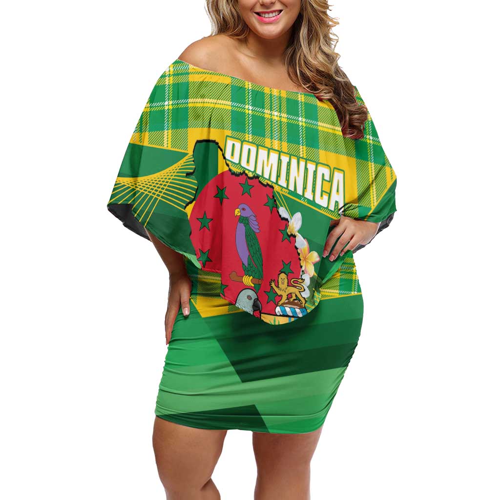 Personalized Dominica Independence Day Off Shoulder Short Dress Map With Coat Of Arms Madras Pattern - Wonder Print Shop