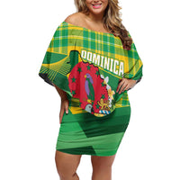 Personalized Dominica Independence Day Off Shoulder Short Dress Map With Coat Of Arms Madras Pattern - Wonder Print Shop