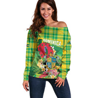 Personalized Dominica Independence Day Off Shoulder Sweater Map With Coat Of Arms Madras Pattern - Wonder Print Shop