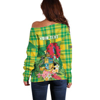 Personalized Dominica Independence Day Off Shoulder Sweater Map With Coat Of Arms Madras Pattern - Wonder Print Shop
