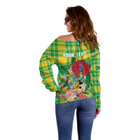 Personalized Dominica Independence Day Off Shoulder Sweater Map With Coat Of Arms Madras Pattern - Wonder Print Shop