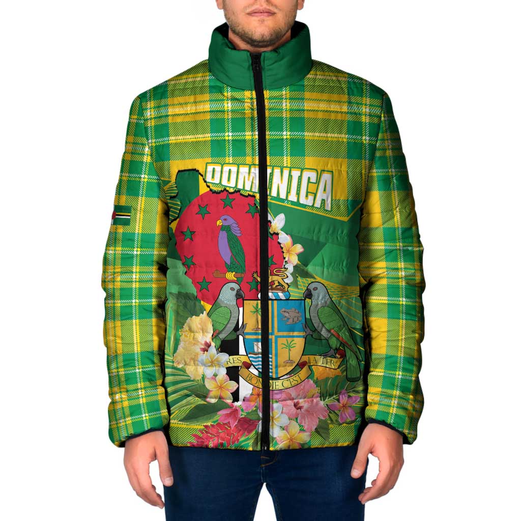 Personalized Dominica Independence Day Padded Jacket Map With Coat Of Arms Madras Pattern - Wonder Print Shop
