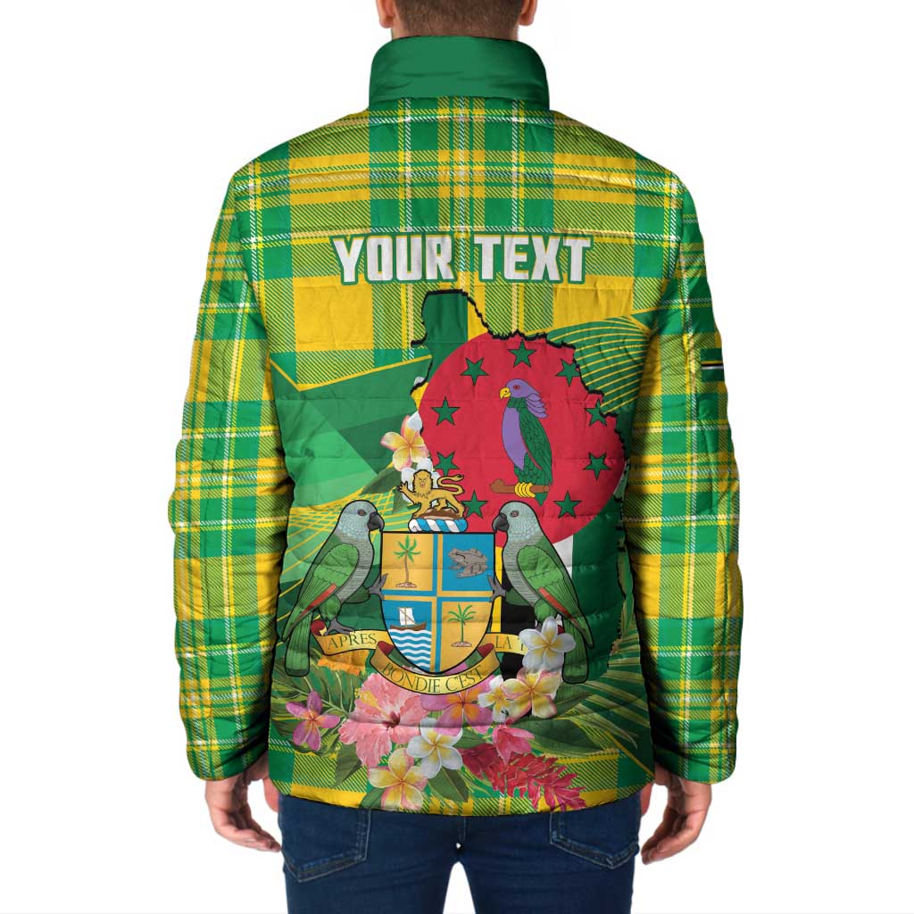 Personalized Dominica Independence Day Padded Jacket Map With Coat Of Arms Madras Pattern - Wonder Print Shop