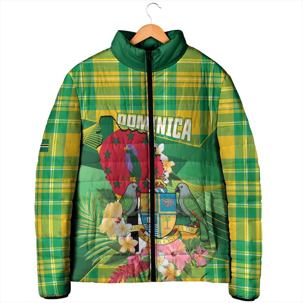 Personalized Dominica Independence Day Padded Jacket Map With Coat Of Arms Madras Pattern - Wonder Print Shop