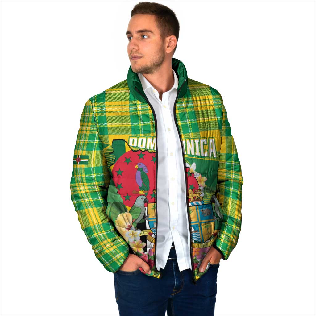 Personalized Dominica Independence Day Padded Jacket Map With Coat Of Arms Madras Pattern - Wonder Print Shop