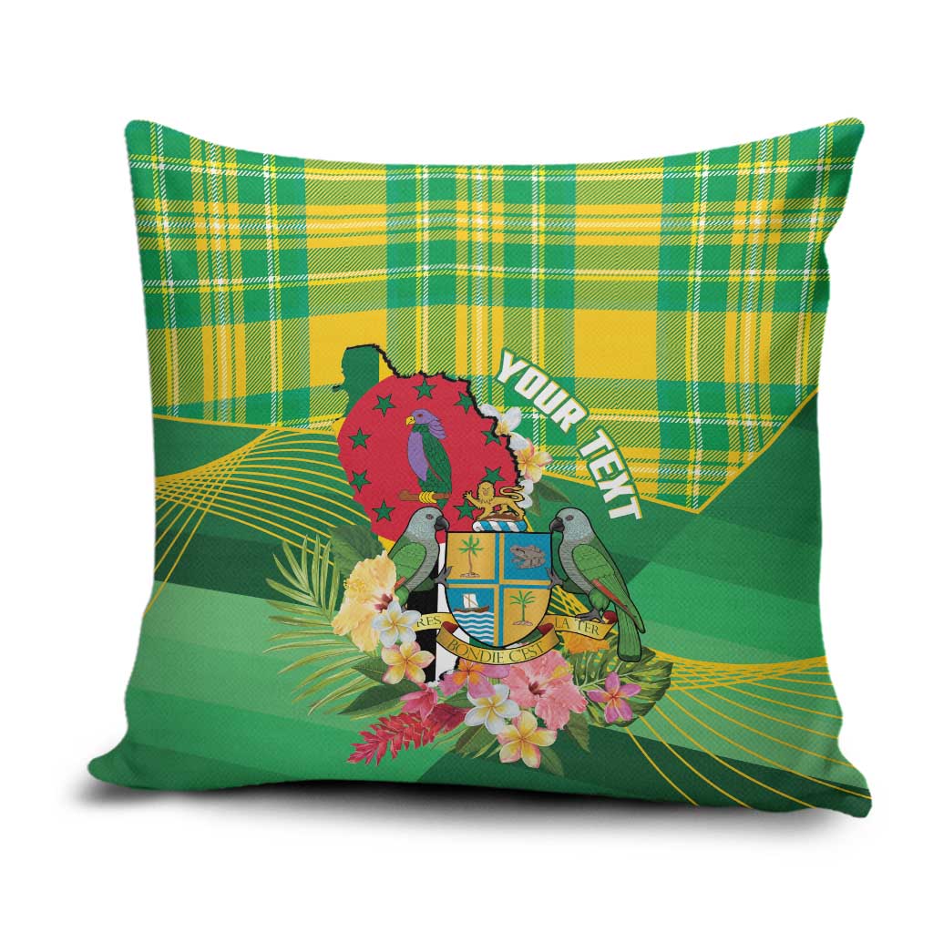 Personalized Dominica Independence Day Pillow Cover Map With Coat Of Arms Madras Pattern - Wonder Print Shop