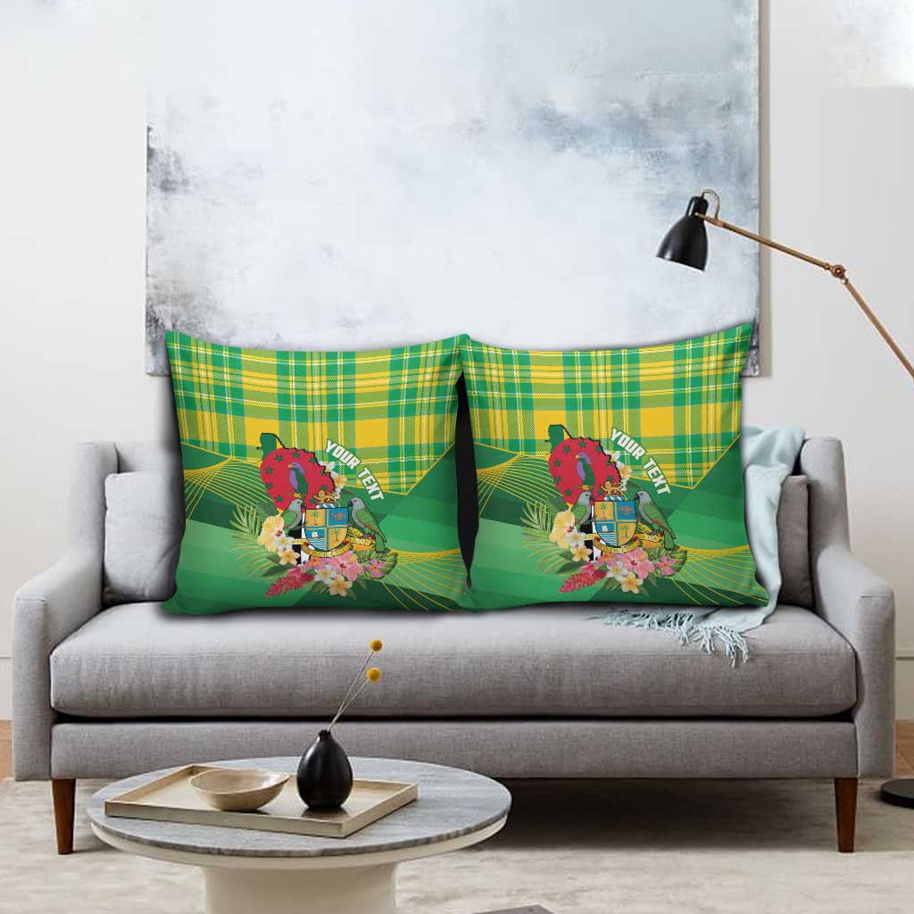 Personalized Dominica Independence Day Pillow Cover Map With Coat Of Arms Madras Pattern - Wonder Print Shop