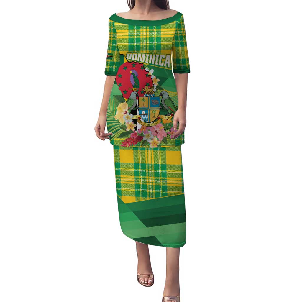 Personalized Dominica Independence Day Puletasi Map With Coat Of Arms Madras Pattern - Wonder Print Shop
