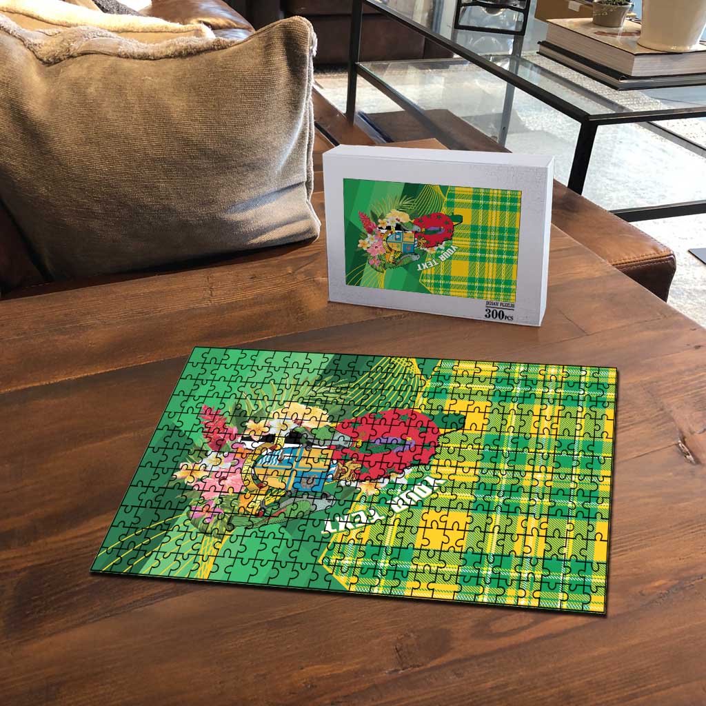 Personalized Dominica Independence Day Puzzle Map With Coat Of Arms Madras Pattern - Wonder Print Shop