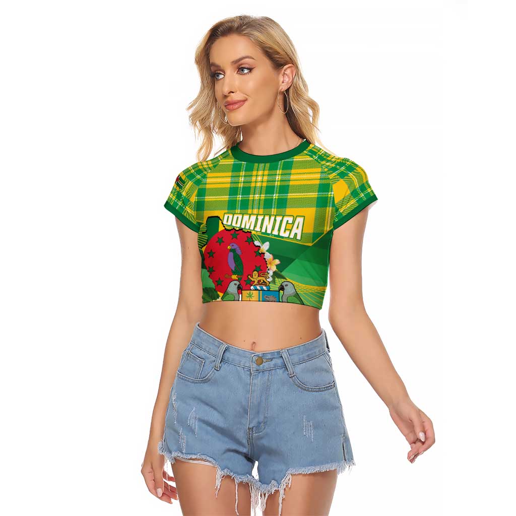 Personalized Dominica Independence Day Raglan Cropped T Shirt Map With Coat Of Arms Madras Pattern - Wonder Print Shop