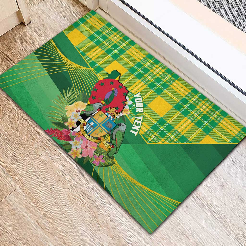 Personalized Dominica Independence Day Rubber Doormat Map With Coat Of Arms Madras Pattern - Wonder Print Shop