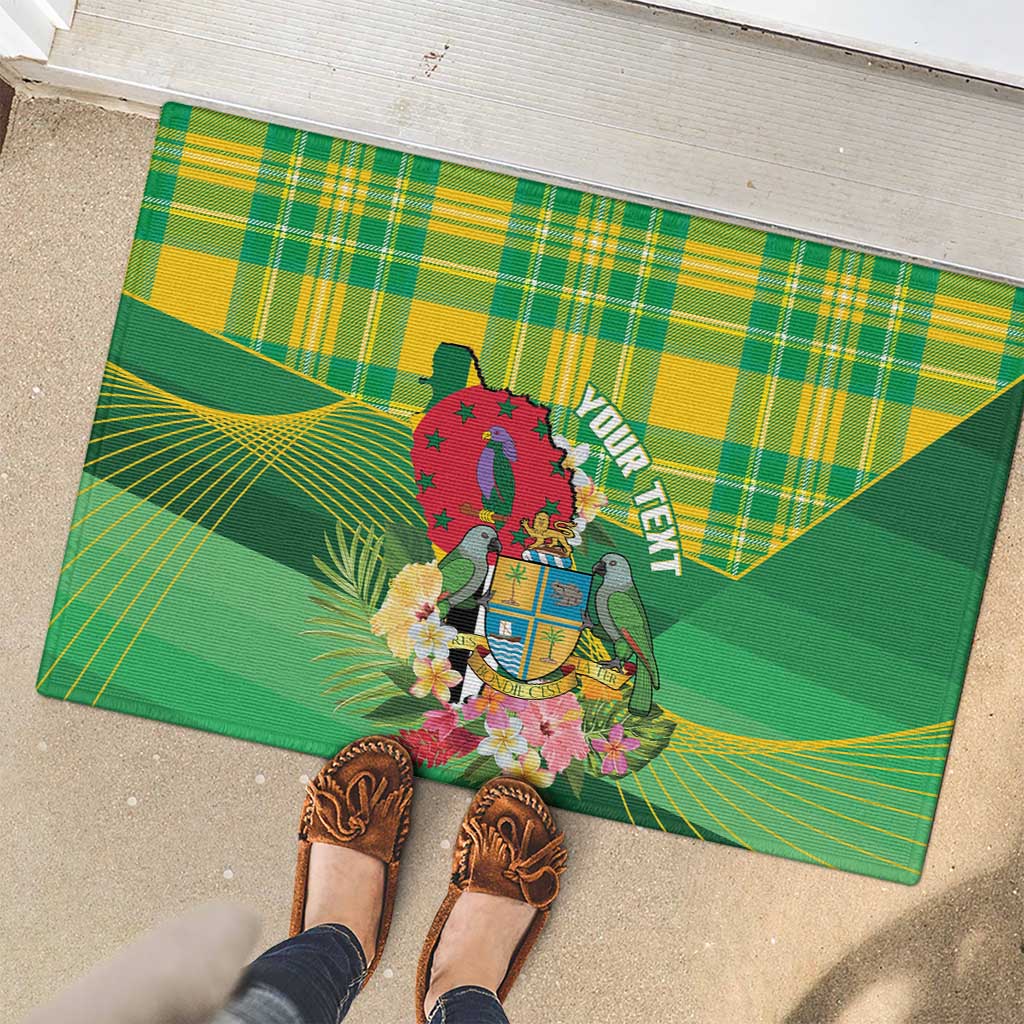 Personalized Dominica Independence Day Rubber Doormat Map With Coat Of Arms Madras Pattern - Wonder Print Shop