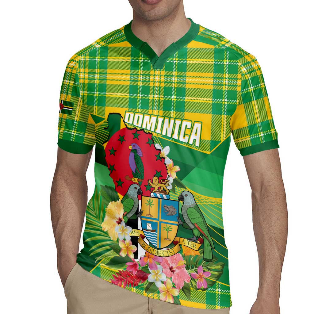 Personalized Dominica Independence Day Rugby Jersey Map With Coat Of Arms Madras Pattern - Wonder Print Shop