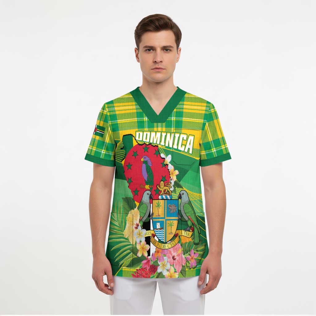 Personalized Dominica Independence Day Scrub Top Map With Coat Of Arms Madras Pattern - Wonder Print Shop