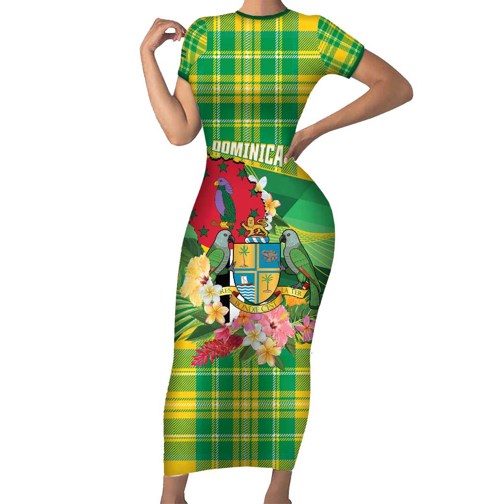 Personalized Dominica Independence Day Short Sleeve Bodycon Dress Map With Coat Of Arms Madras Pattern - Wonder Print Shop