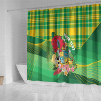 Personalized Dominica Independence Day Shower Curtain Map With Coat Of Arms Madras Pattern - Wonder Print Shop