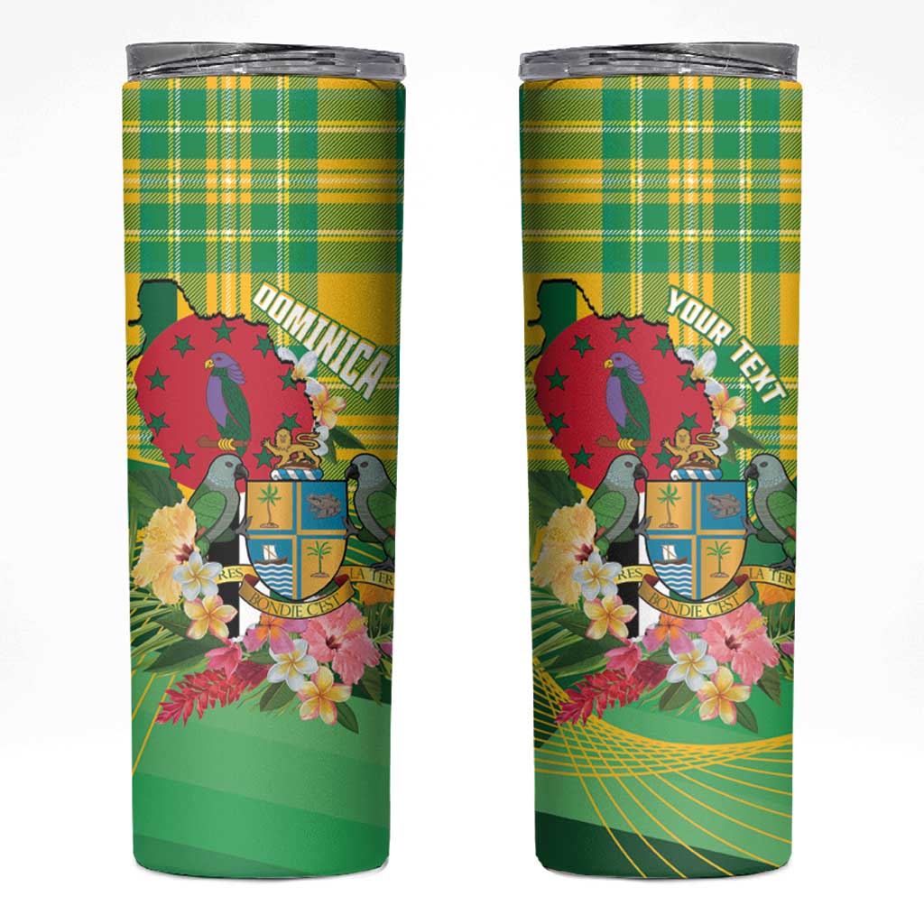 Personalized Dominica Independence Day Skinny Tumbler Map With Coat Of Arms Madras Pattern - Wonder Print Shop