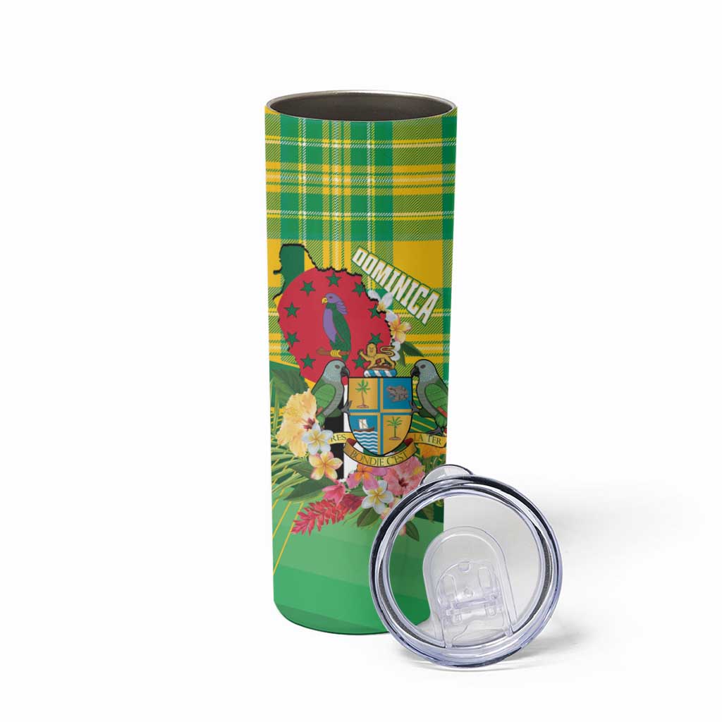 Personalized Dominica Independence Day Skinny Tumbler Map With Coat Of Arms Madras Pattern - Wonder Print Shop
