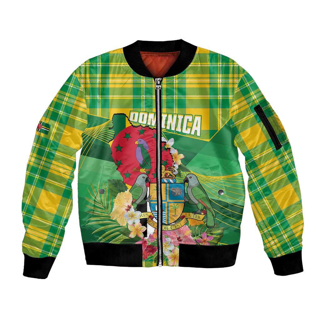 Personalized Dominica Independence Day Sleeve Zip Bomber Jacket Map With Coat Of Arms Madras Pattern - Wonder Print Shop