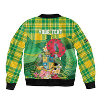 Personalized Dominica Independence Day Sleeve Zip Bomber Jacket Map With Coat Of Arms Madras Pattern - Wonder Print Shop