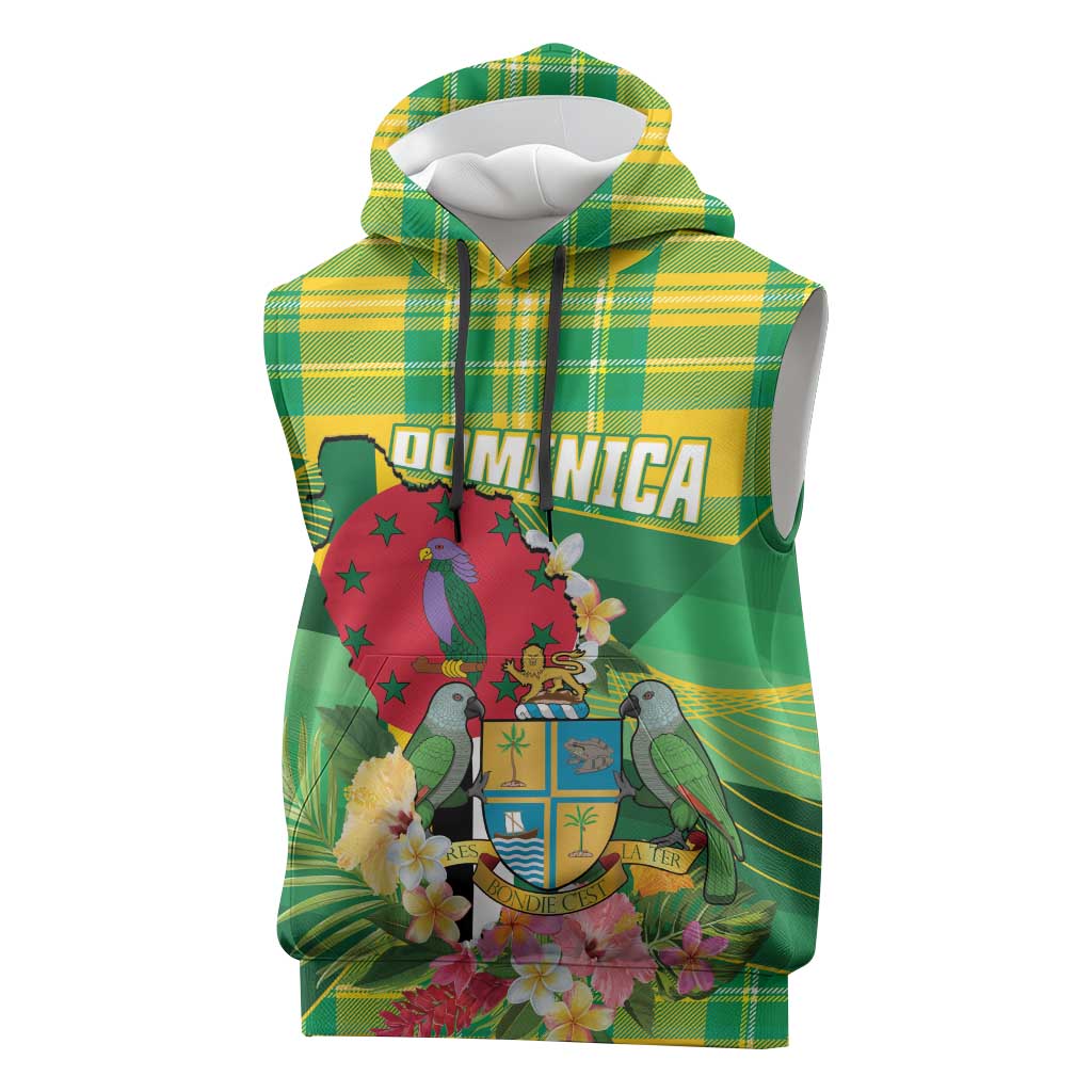 Personalized Dominica Independence Day Sleeveless Hoodie Map With Coat Of Arms Madras Pattern - Wonder Print Shop