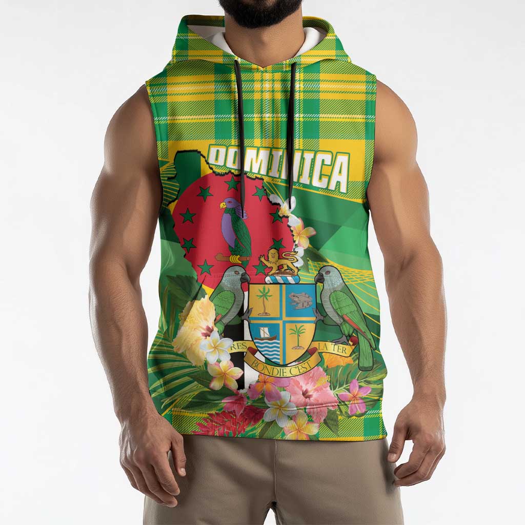 Personalized Dominica Independence Day Sleeveless Hoodie Map With Coat Of Arms Madras Pattern - Wonder Print Shop