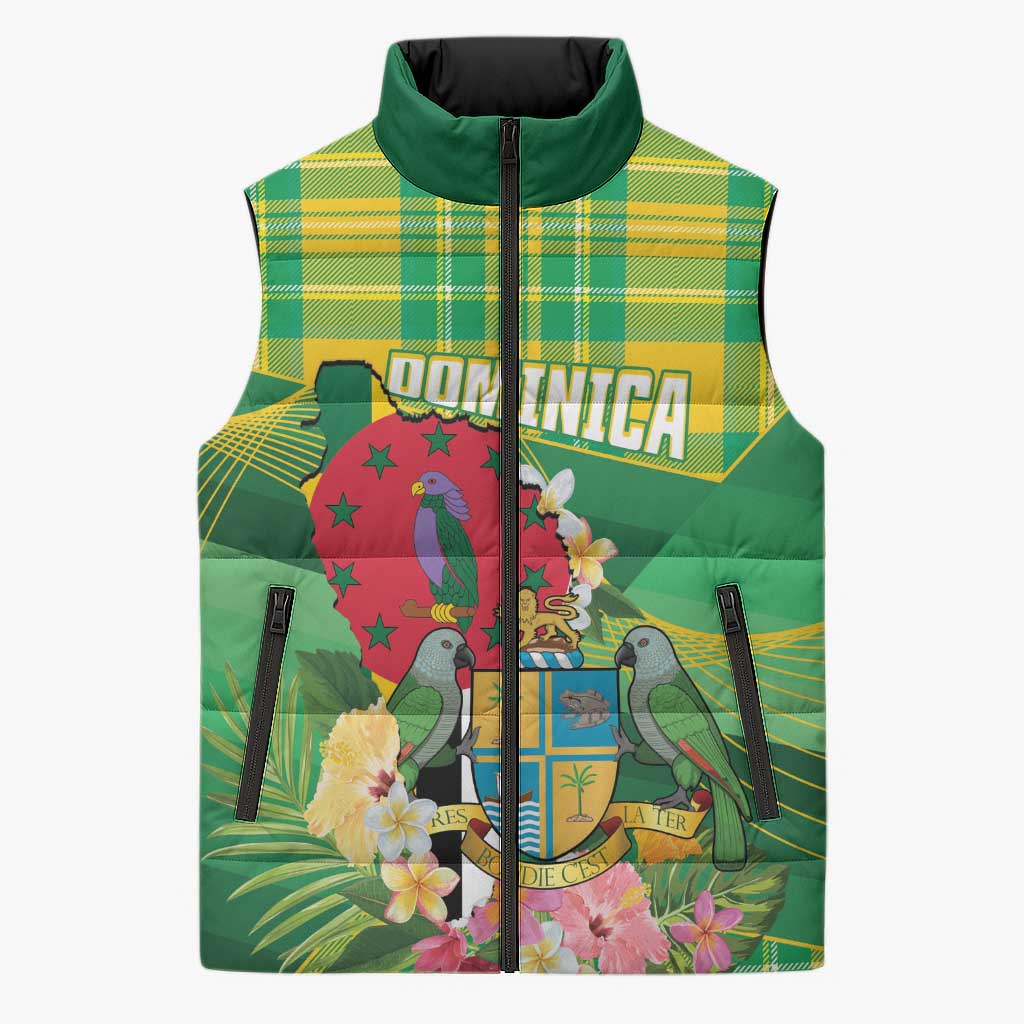 Personalized Dominica Independence Day Sleeveless Puffer Jacket Map With Coat Of Arms Madras Pattern - Wonder Print Shop