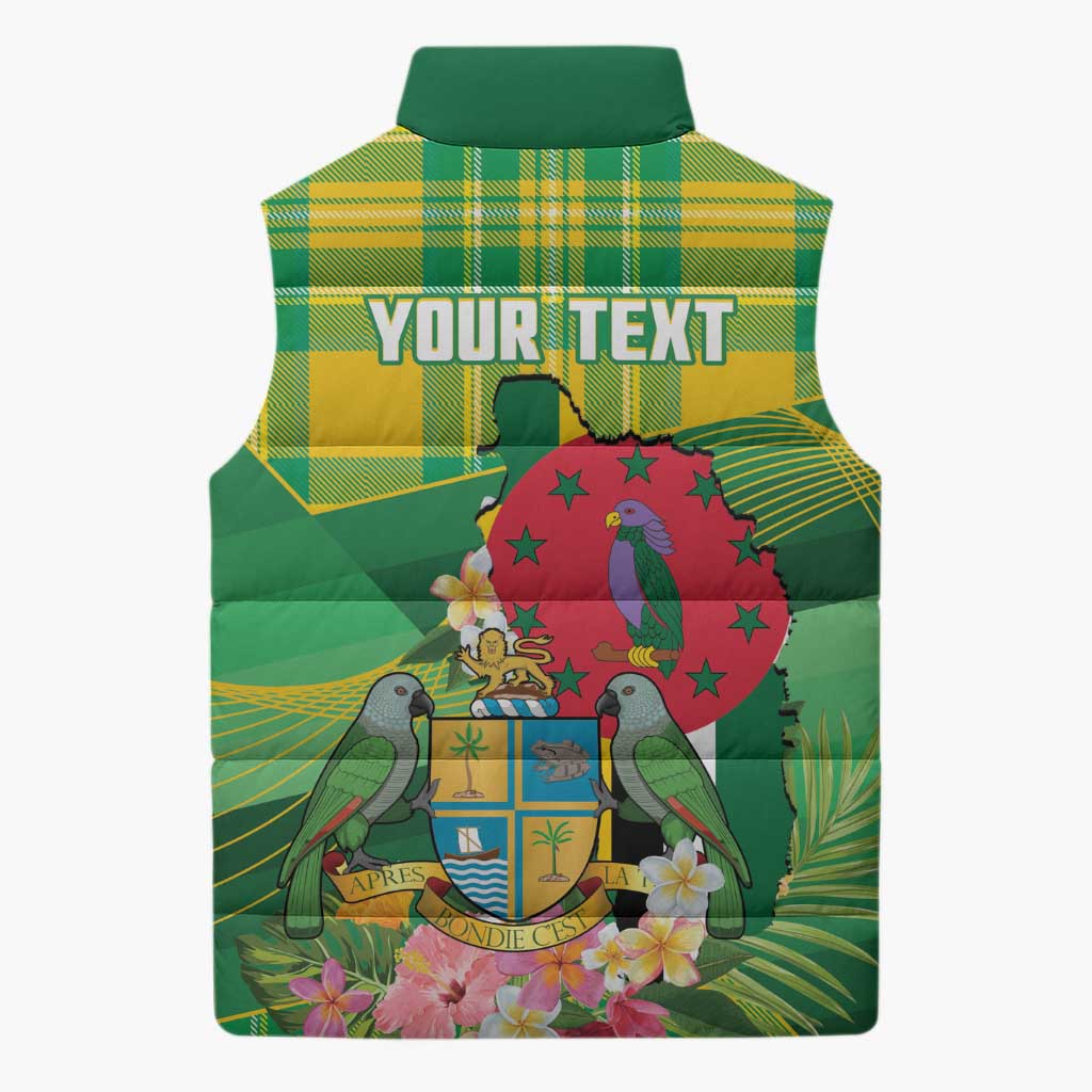 Personalized Dominica Independence Day Sleeveless Puffer Jacket Map With Coat Of Arms Madras Pattern - Wonder Print Shop