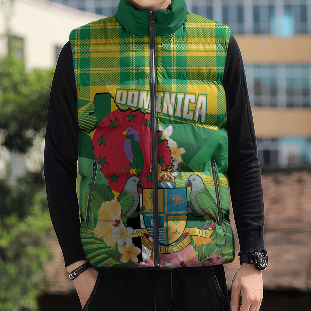 Personalized Dominica Independence Day Sleeveless Puffer Jacket Map With Coat Of Arms Madras Pattern - Wonder Print Shop