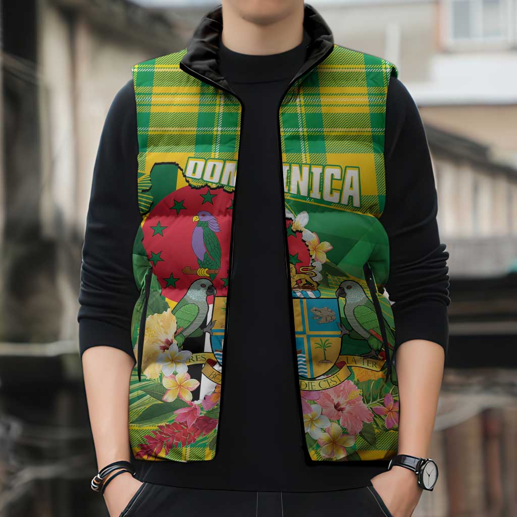 Personalized Dominica Independence Day Sleeveless Puffer Jacket Map With Coat Of Arms Madras Pattern - Wonder Print Shop